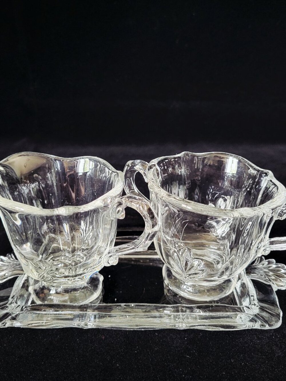 FOSTORIA~BAROQUE~VINTAGE CLEAR GLASS CREAM & SUGAR BOWL SET TRAY CREAMER DISH